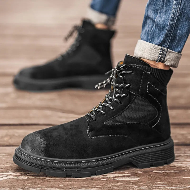 Men's frosted vintage Martin boots in black, sand, or grey with a low heel and round toe.