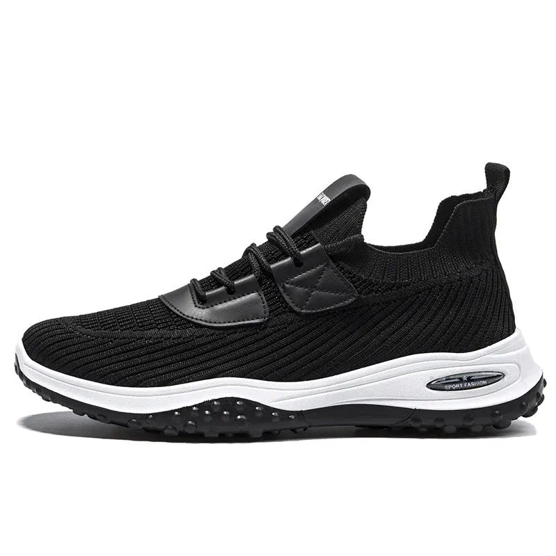Black Flyknit low top running shoes with mesh lining and plastic sole