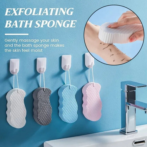 3D fish scale pattern bath sponge in white, grey, pink and light blue colours for body exfoliation