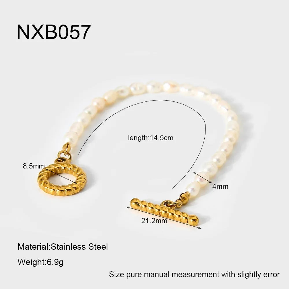 Women's adjustable freshwater pearl necklace and bracelet set with geometric stainless steel pendant