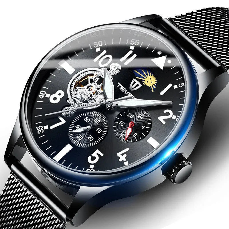 Black men's mechanical watch with 41mm diameter, luminous hands and moon phase display