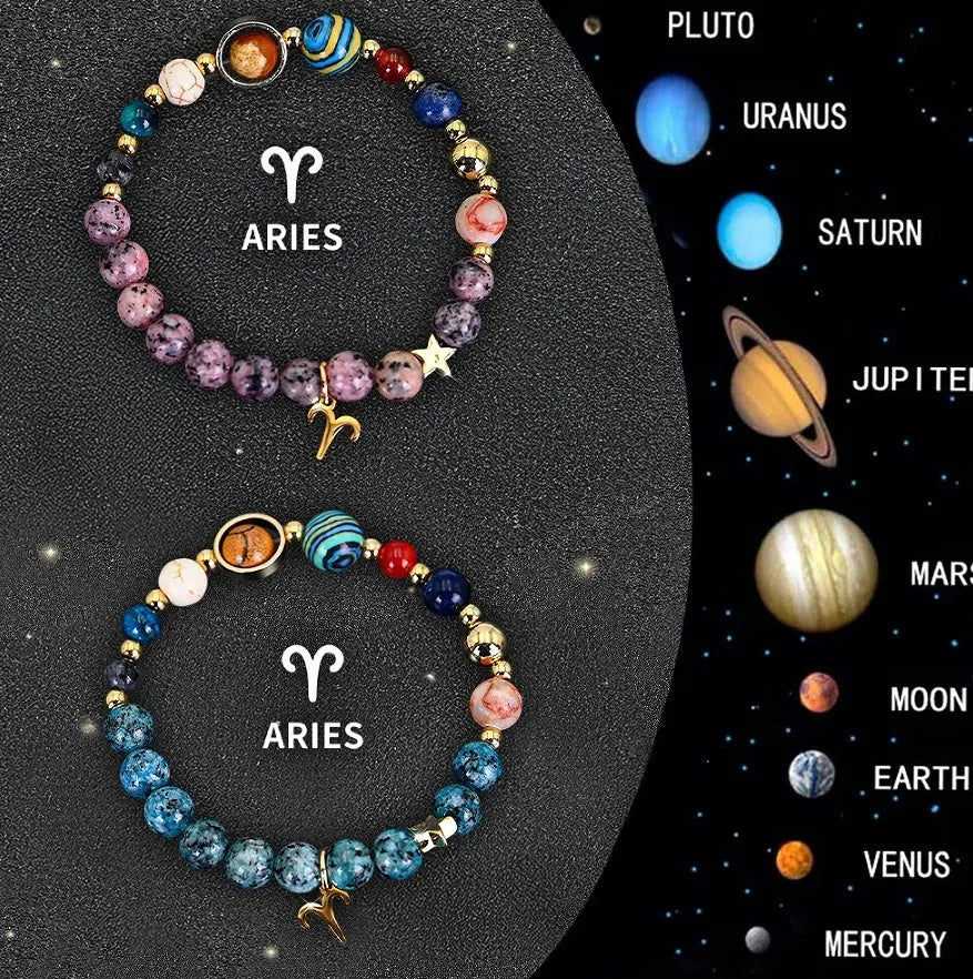 Two natural stone beaded bracelets with zodiac charms on a table.