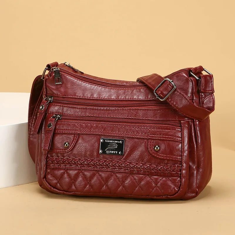 New fashion wash soft PU leather shoulder bag in horizontal square shape, 26x19x8cm, black colour with three-dimensional pocket