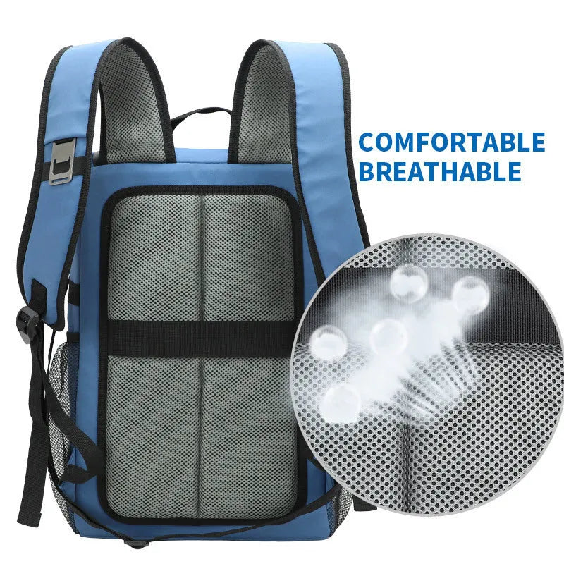 Black cloth backpack with a shoulder strap bottle opener, shown alongside lake blue, pink, and watermelon red colour variants.