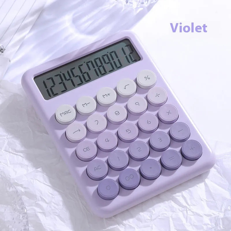 Desk calculator in a choice of violet, cherry blossom powder, glacier blue, and mint green gradient colours.