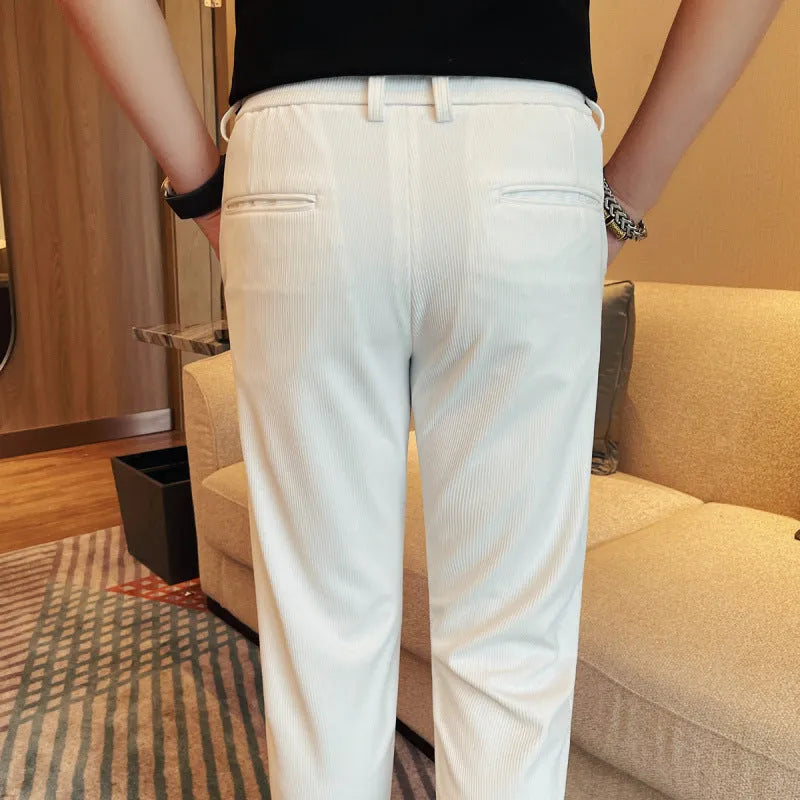 Men's casual straight-leg dark pattern ice silk cropped pants in grey stripe with ankle-tied cuffs and mid-waist fit