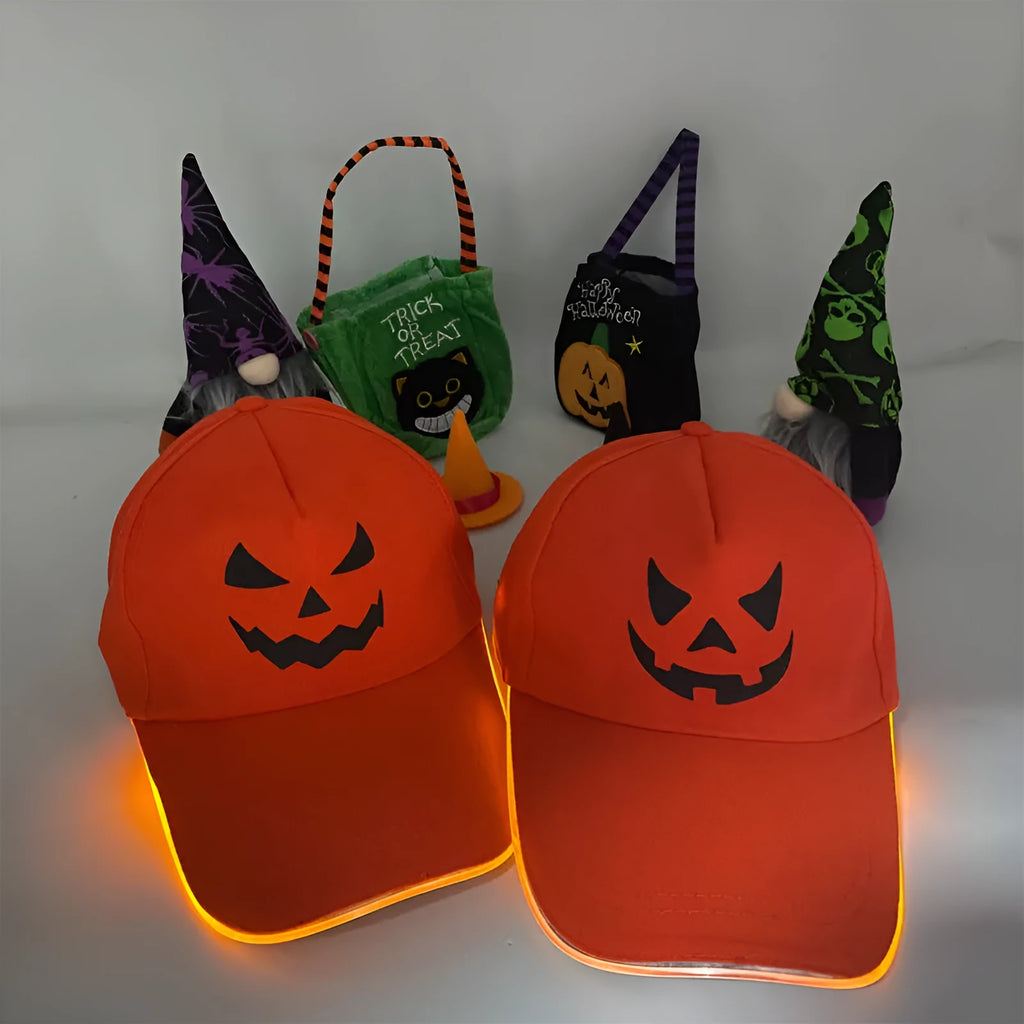 Halloween LED baseball cap showing integrated lighting effects in various pumpkin and solid colour designs