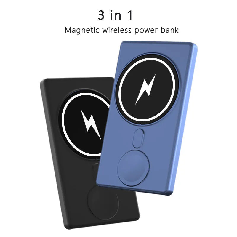 Black square aluminium magnetic wireless charging power bank showing USB port and charging surfaces.