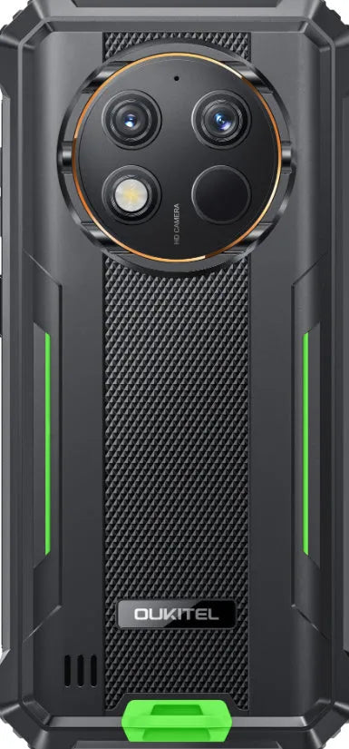 OUKITEL G1 Android mobile phone in grey, green, and orange colour options with included charger.