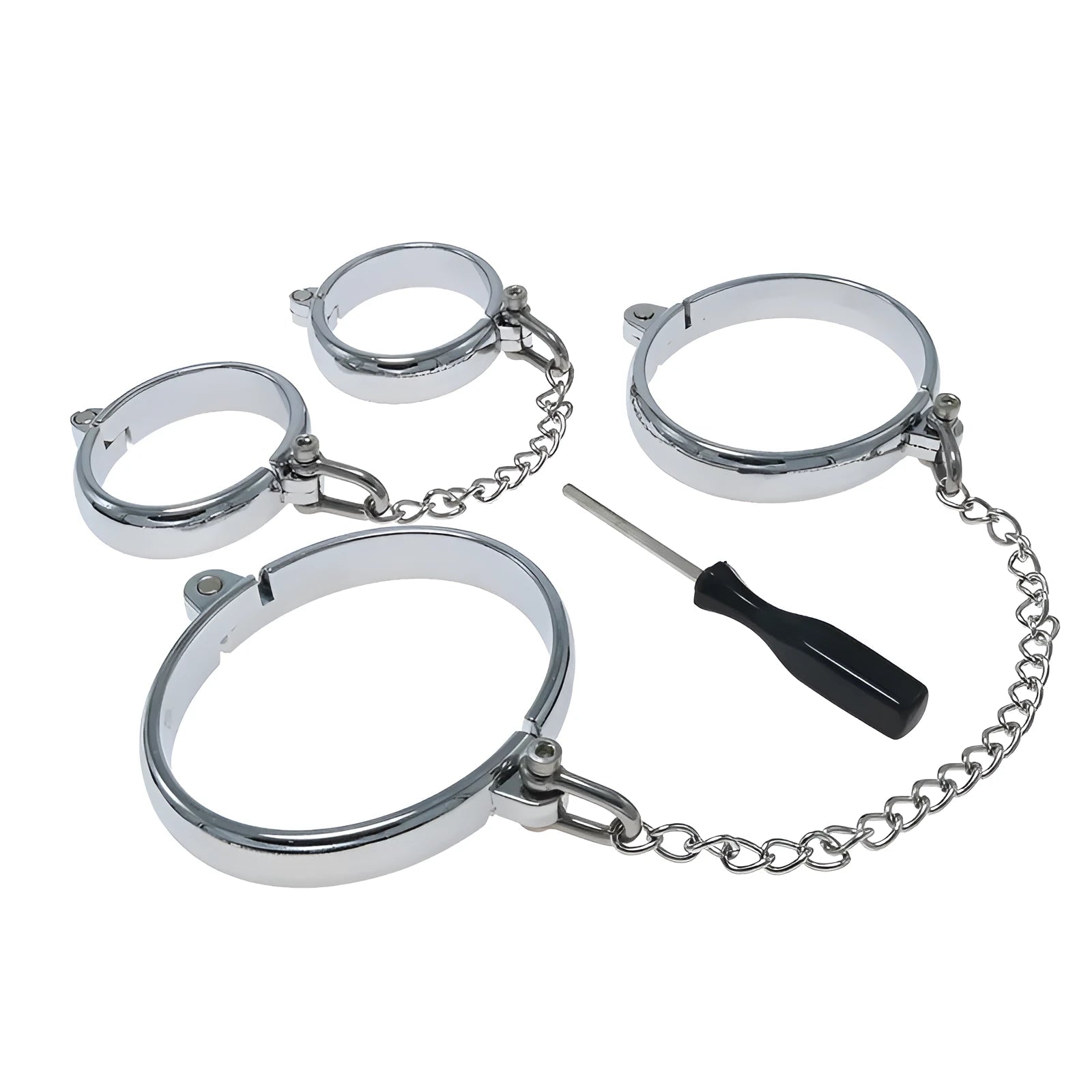 Silver zinc alloy handcuffs and footcuffs set with stainless steel detailing for adult role-play