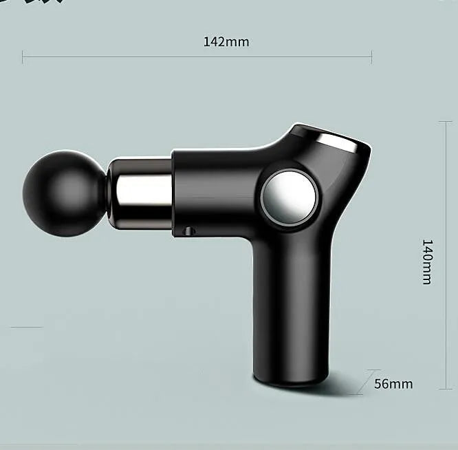 Portable mini fascia gun with touch screen interface and four massage heads in black, grey, green, red colours