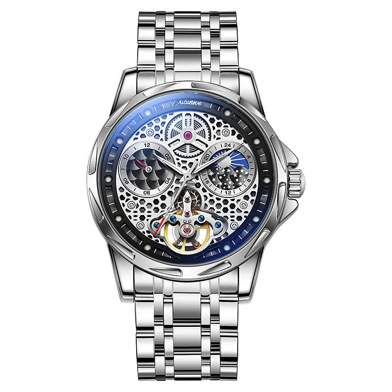Men's automatic waterproof watch with luminous hands on a black dial with steel bracelet.