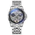 Men's automatic waterproof watch with luminous hands on a black dial with steel bracelet.