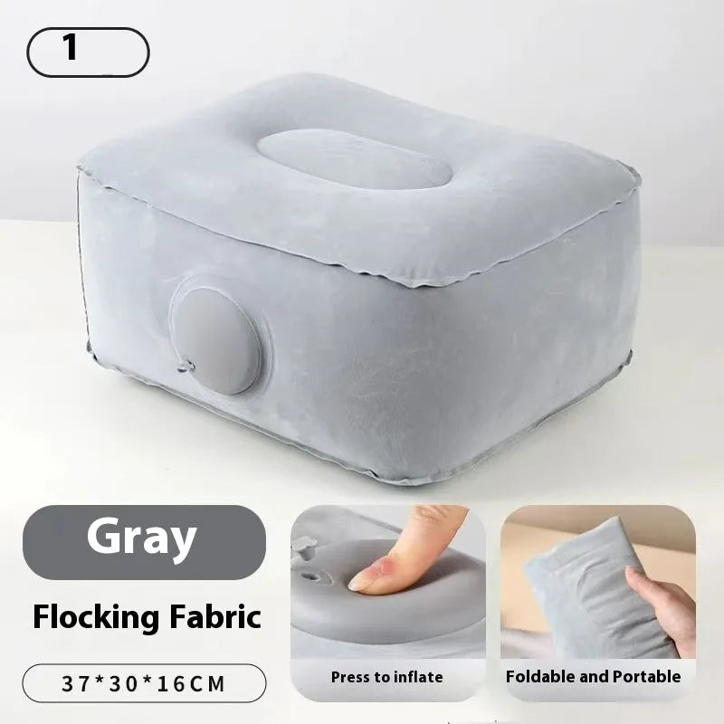 Red portable inflatable seat cushion shown folded and inflated on a wooden bench