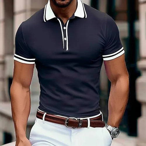 A man wearing a loose-fitting, striped short-sleeved T-shirt for casual summer leisure.