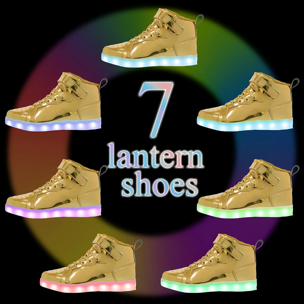 Black high-top LED sneakers with Velcro strap and lit-up soles on a dark background.