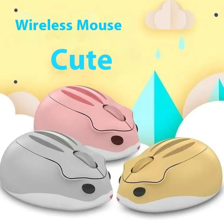 Hamster Wireless Bluetooth Mute Mouse in yellow, pink, or grey on a laptop.