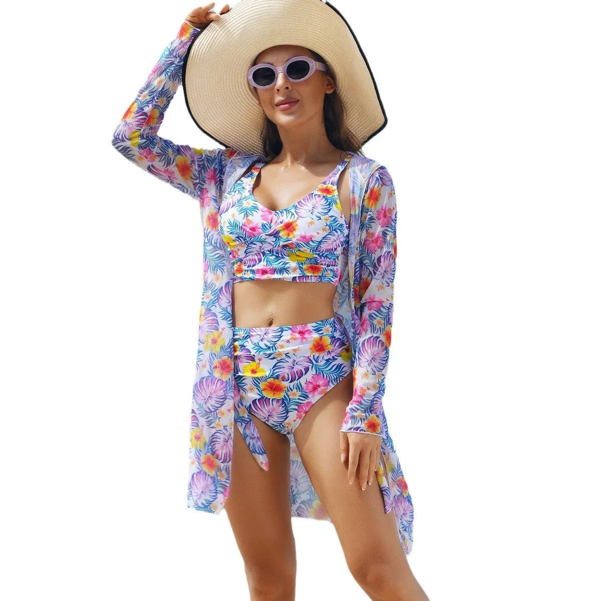 Multicolor printed bikini three piece swimsuit set in polyester with top, pants, and coat