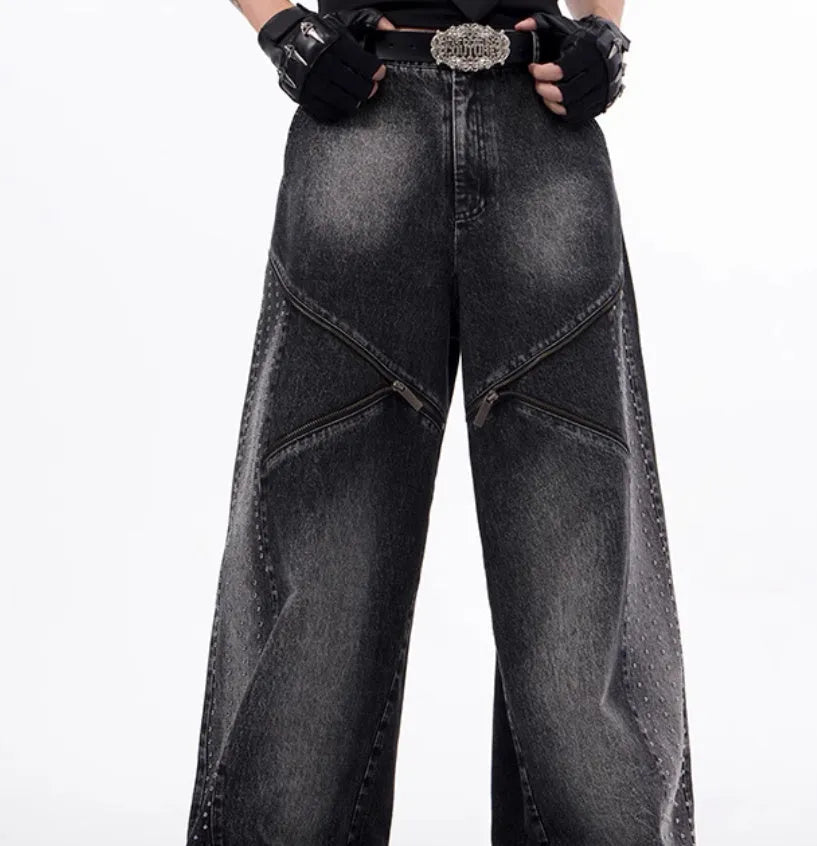 Black and grey structured zipper wide leg pants with washed denim fabric Korean style