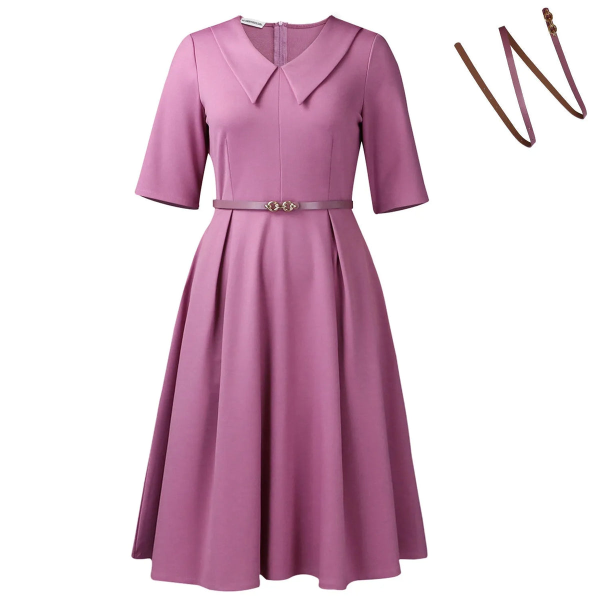 A woman wearing a solid colour African dress with half sleeves and a matching belt, showcasing the high-waist design.