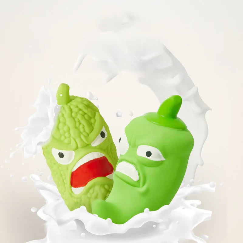 Bitter gourd and chilli shaped dog chew toys with textured surfaces for grinding teeth.