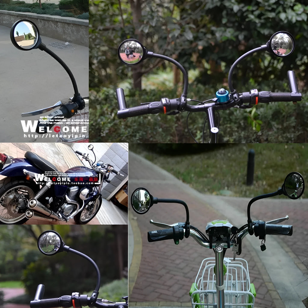 Black metal bicycle rearview mirror with hose adjustment mechanism for handlebar mounting