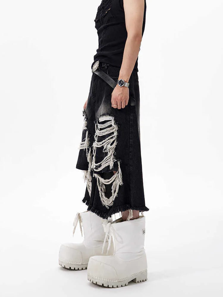 Cropped wide leg jeans mid-high waist black cotton denim ripped patch loose fit