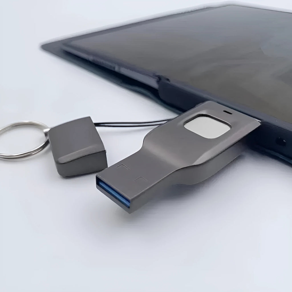 Black fingerprint encrypted USB flash drive showing USB 3.0 and Type-C connectors