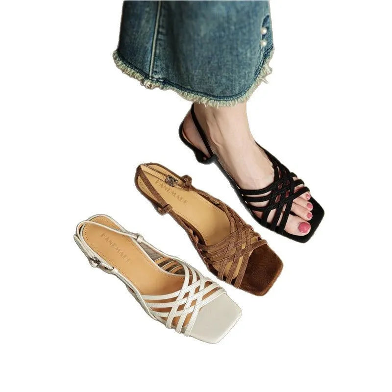 Women's retro-style high-heel sandals with ankle buckle in light brown artificial PU leather
