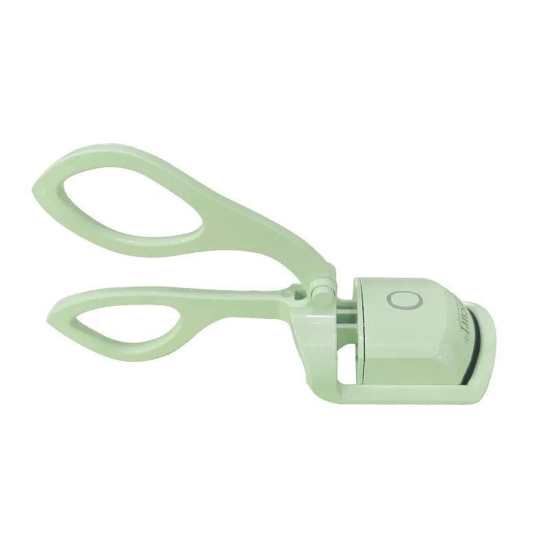White and pink USB rechargeable heated eyelash curler with dual temperature settings.