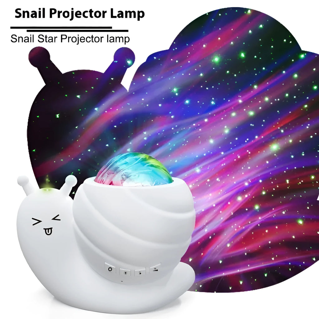 Blue snail-shaped starry sky projection lamp with remote control on wooden surface