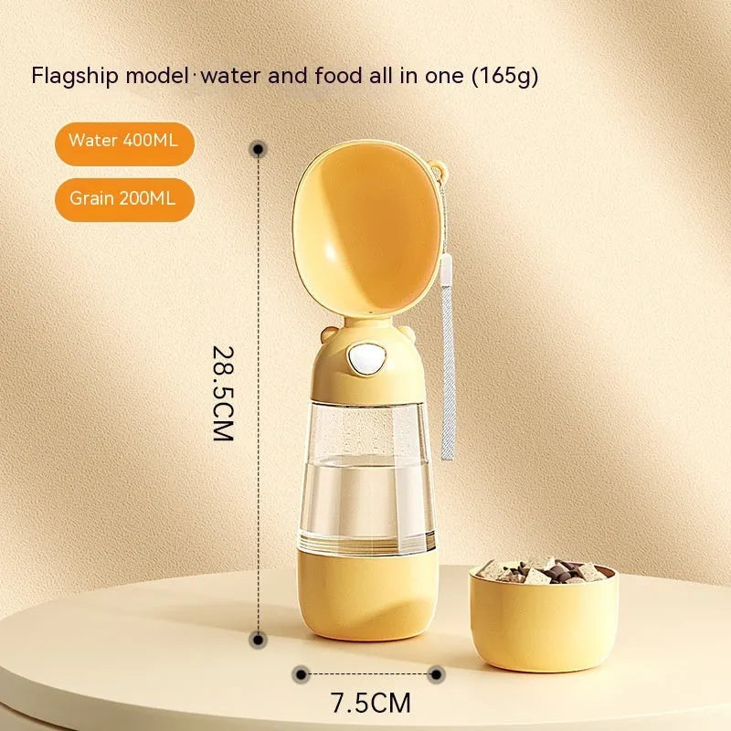 Portable dog water bottle and food container with built-in bowl in yellow, pink or brown colours