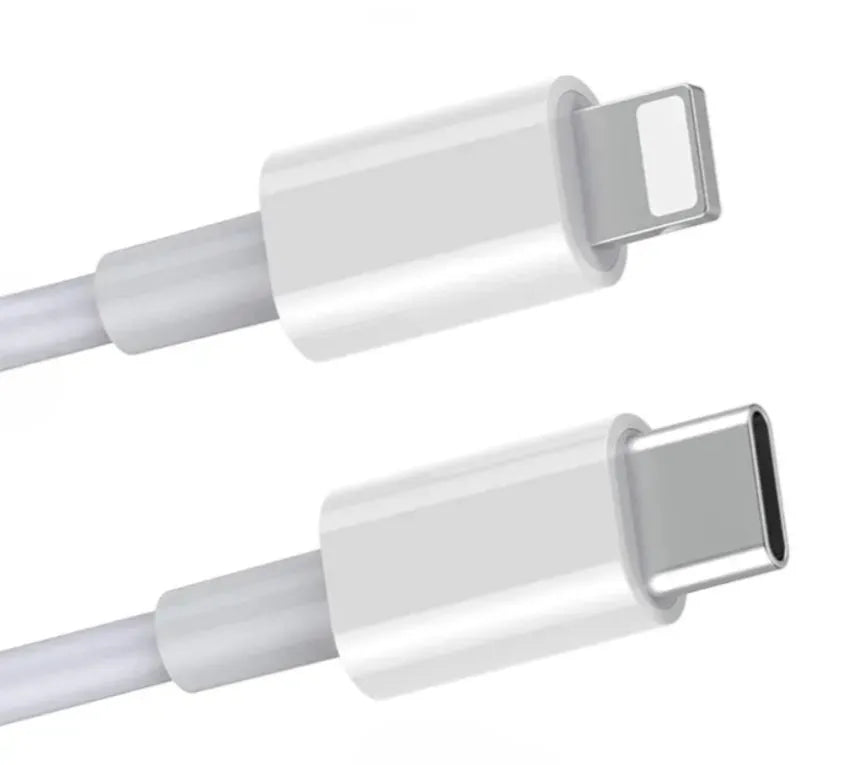 White 20W USB-C PD fast charger with UK plug and a choice of cable lengths.