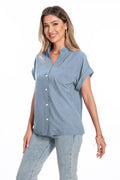 Women's loose-fit stand collar short sleeve summer top in polyester fabric