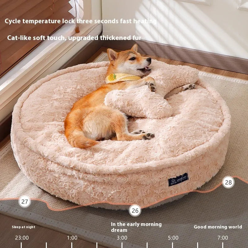 Round nest pet bed with removable cloth cover in milk tea colour, shown in various sizes.