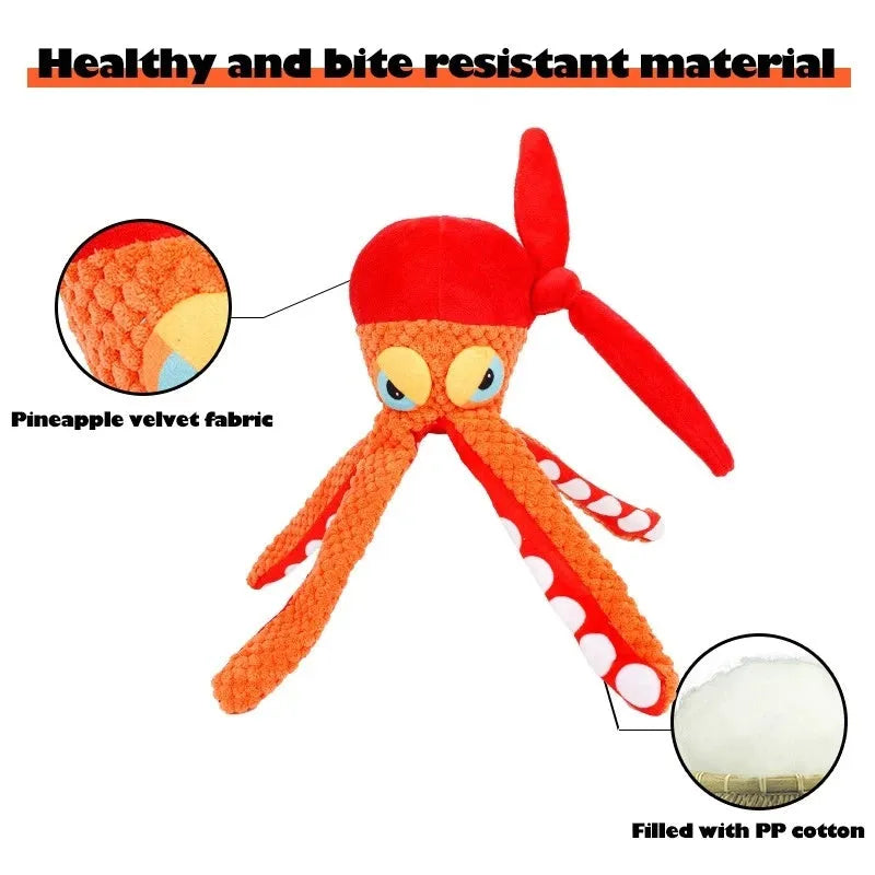 Orange octopus plush dog toy with dental cleaning texture and tentacle design