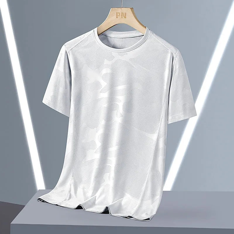 Men's camouflage pattern short sleeve t-shirt in plus sizes on a hanger.