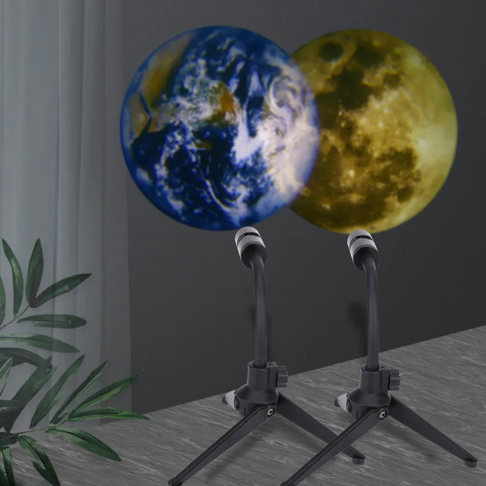 White ABS star projector with flexible hose, showing earth and moon projection chips and USB cable.