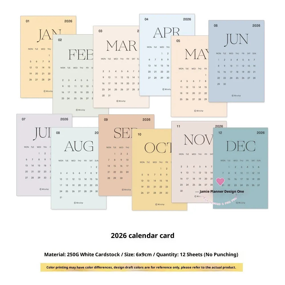 2026 calendar cards fold set with monthly layout for hand account planner inserts