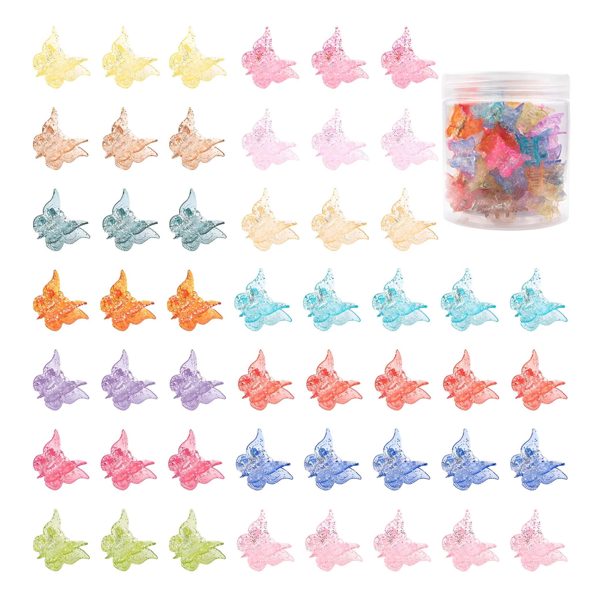 Set of 50 glitter butterfly hair claw clips in multiple colours showing mini size