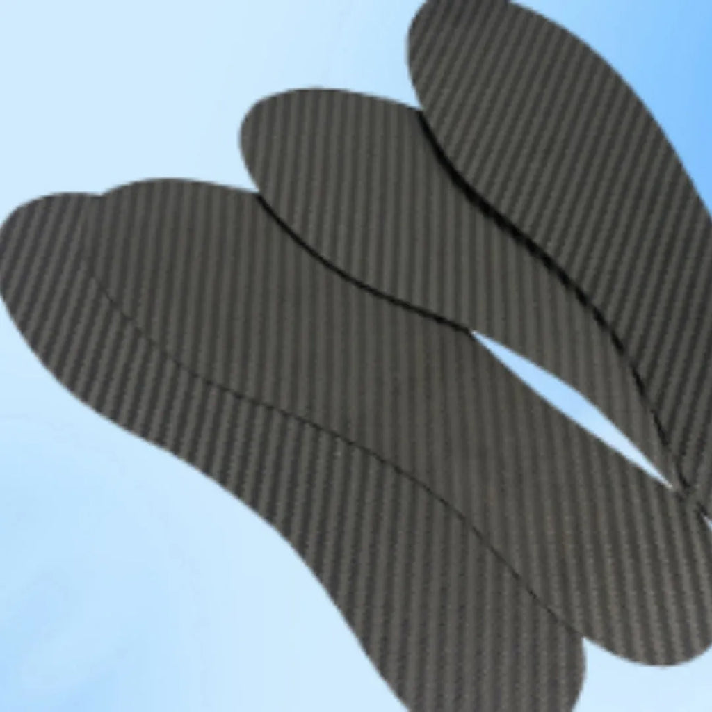Black 3K full palm carbon fiber running insoles showing thickness options of 0.8mm, 1.0mm, and 1.2mm.