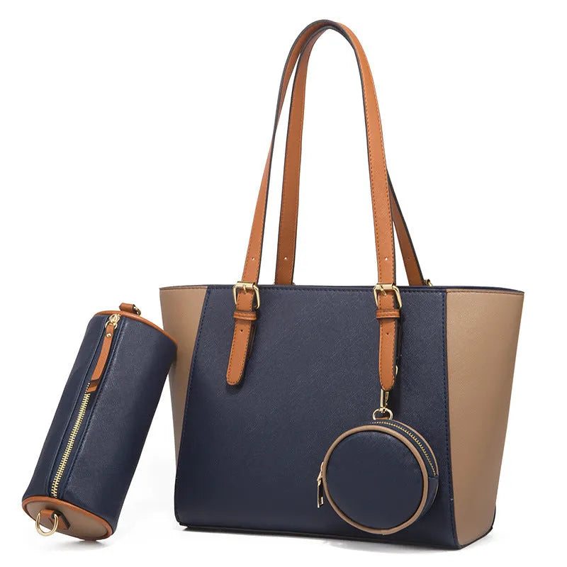 Fashion large capacity three-in-one PU Saffiano bag set in khaki with contrast colour details and double shoulder straps