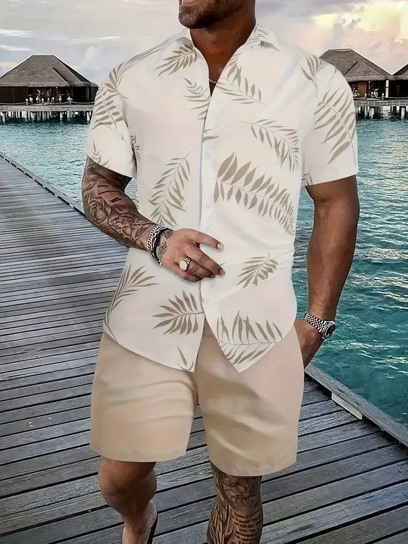 Men's 3D printed Hawaiian style short sleeve shirt and shorts set in polyester fabric.