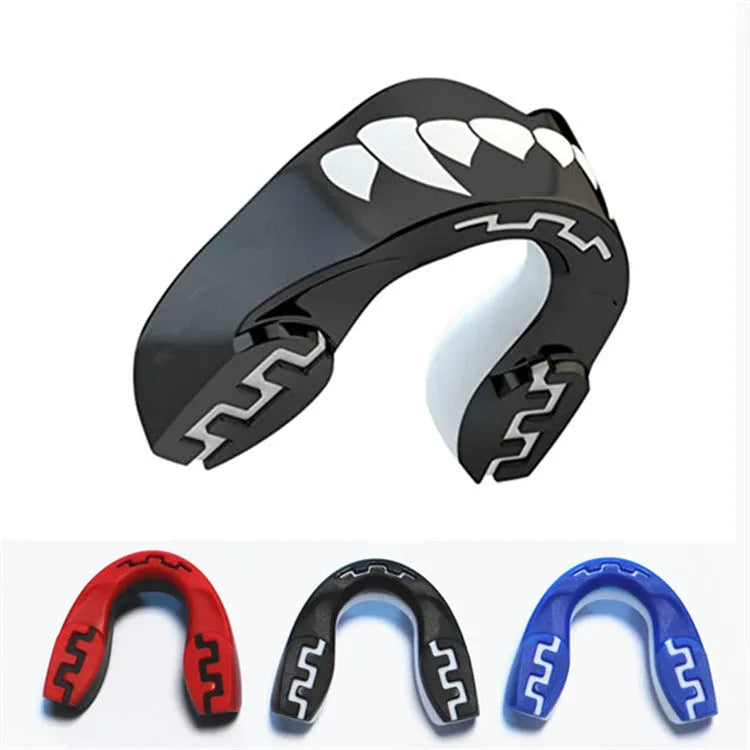 Adult boxing mouthguard with tooth socket design in black and white printed teeth graphic
