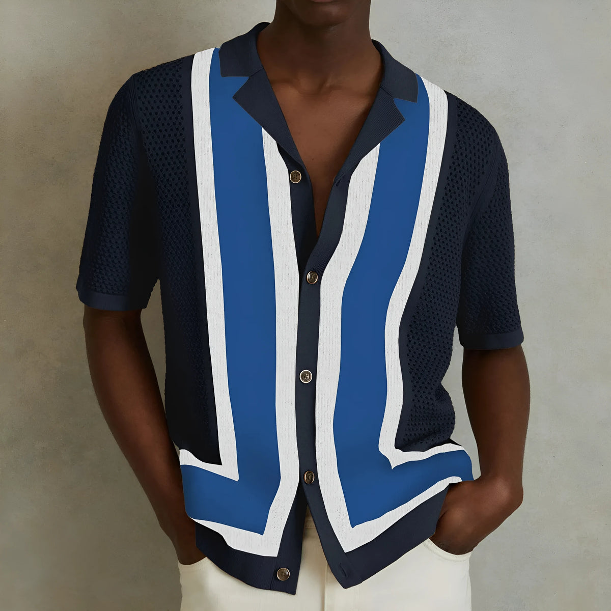 Men's striped contrast colour knitwear top in dark blue with short sleeves and flocking texture, regular fit leisure wear