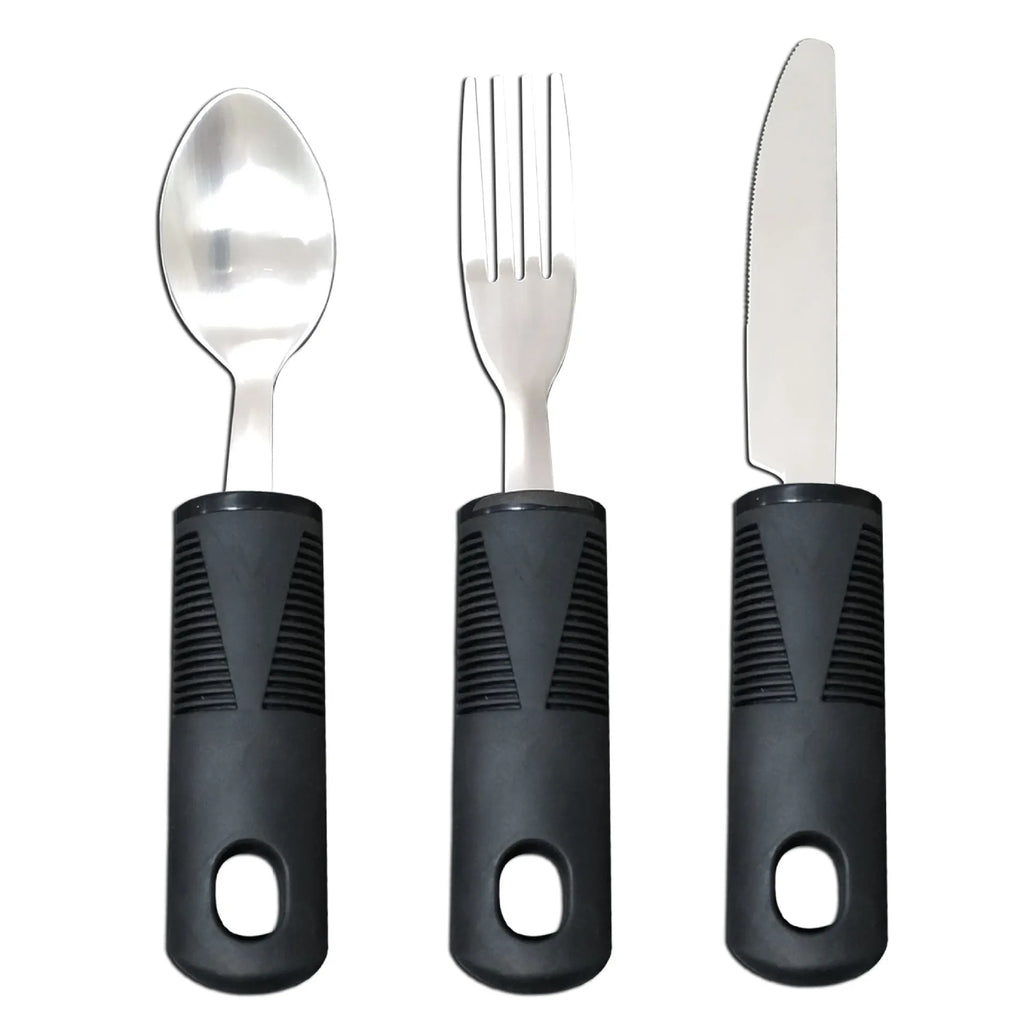 Stainless steel adaptive cutlery set with rubber handles for elderly or disabled users
