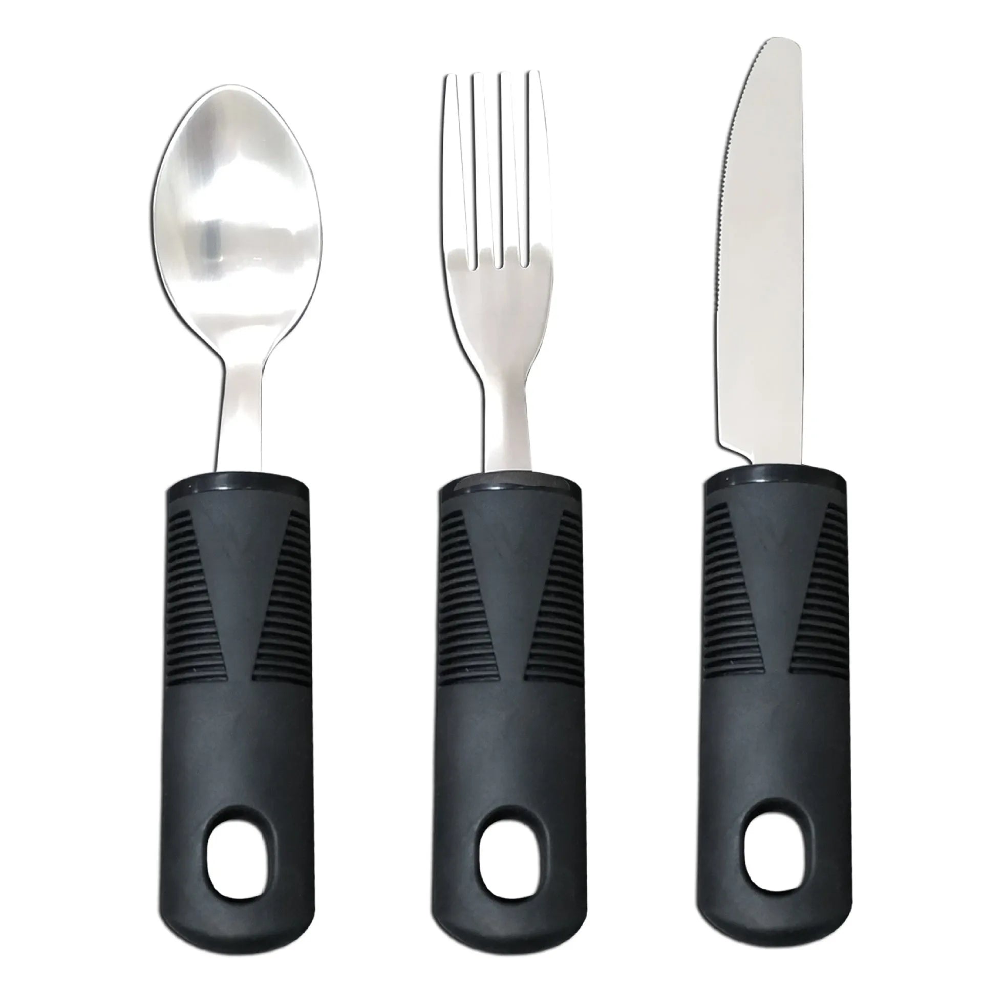 Stainless steel adaptive cutlery set with rubber handles for elderly or disabled users