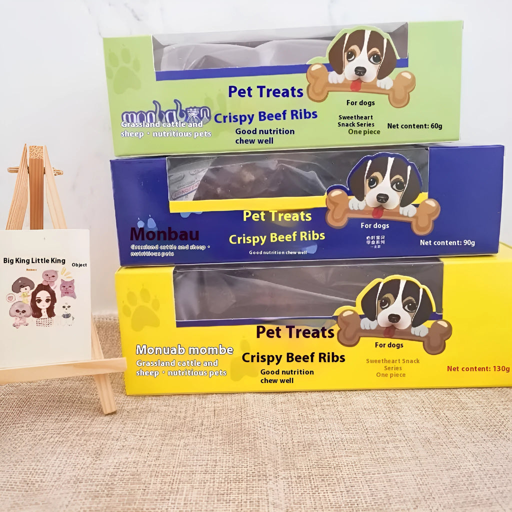 Natural beef marrow bone dog chew in three sizes small green medium blue large yellow for dental health