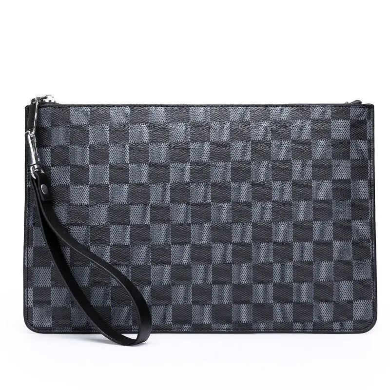 Men's soft PU leather clutch wallet with checkered pattern showing card slots and zipper pocket