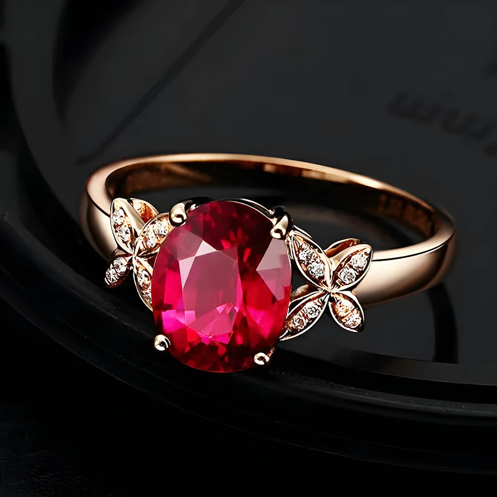 Women's butterfly ring with heart design in 18k rose gold plating, red and blue colour options